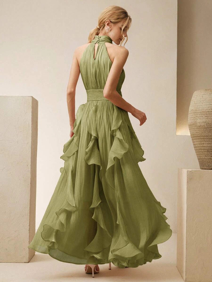 New A-Line Halter Neck Ruffled Tiered Olive Green Floor-Length Prom Dress