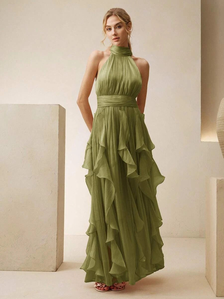 New A-Line Halter Neck Ruffled Tiered Olive Green Floor-Length Prom Dress