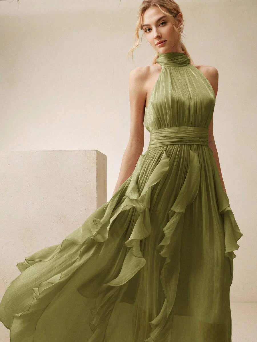 New A-Line Halter Neck Ruffled Tiered Olive Green Floor-Length Prom Dress