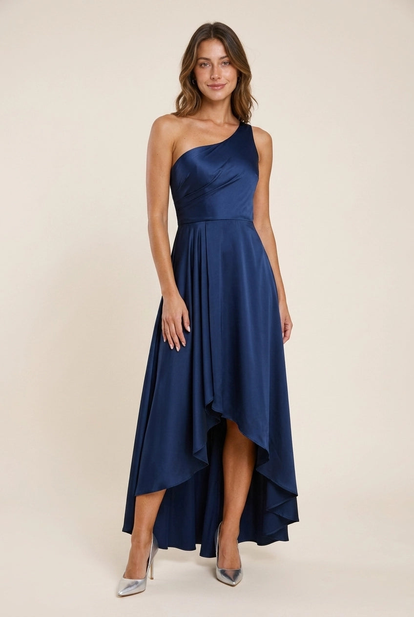 New A-Line One-Shoulder Draped Ruffle Satin Navy Blue High-Low Prom Dress
