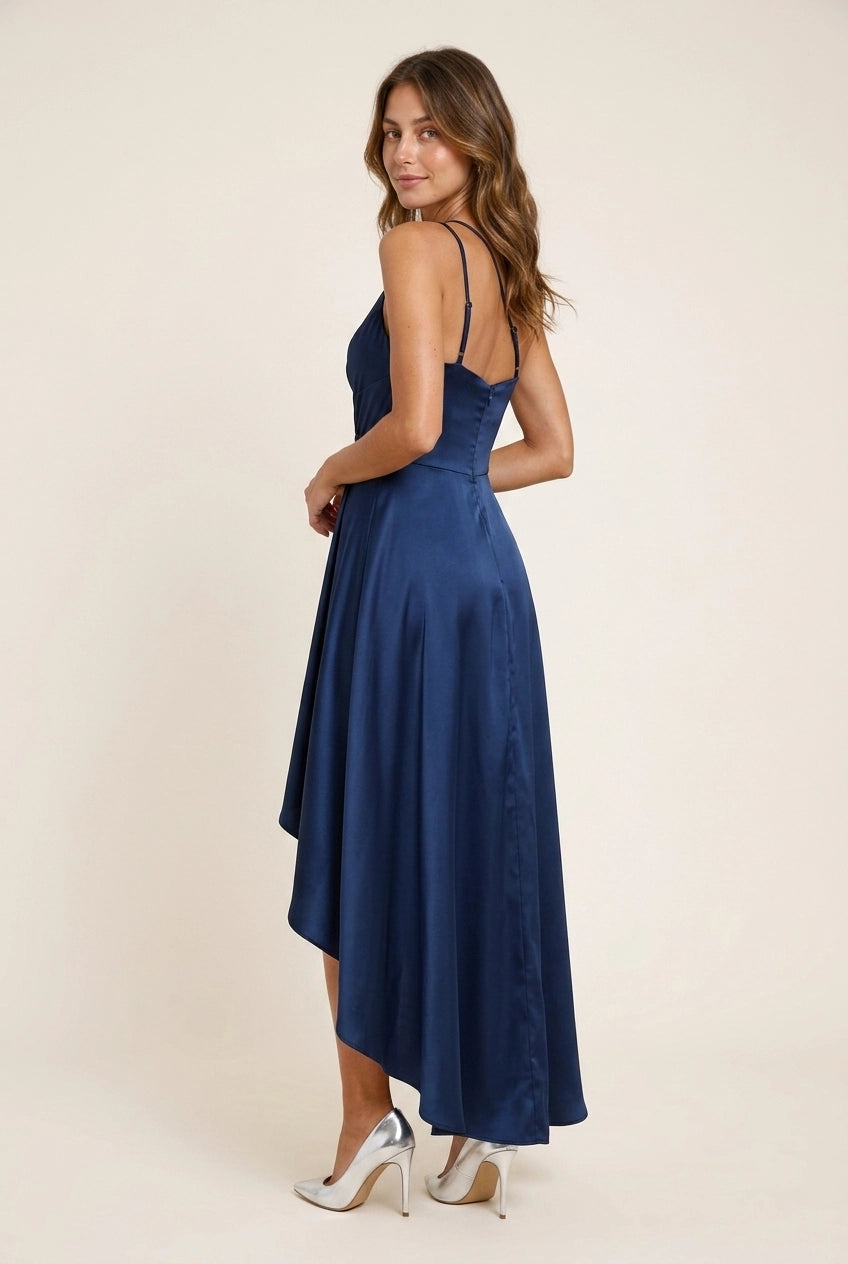 New A-Line One-Shoulder Draped Ruffle Satin Navy Blue High-Low Prom Dress