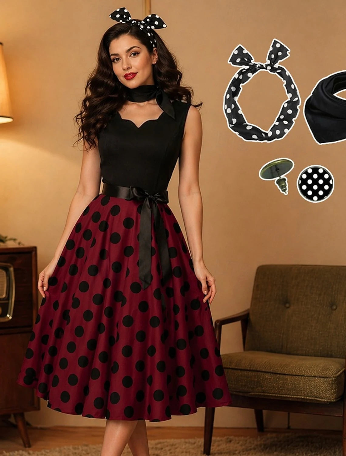New A-Line Scalloped Polka Dot Vintage Black Burgundy Midi Homecoming Dress