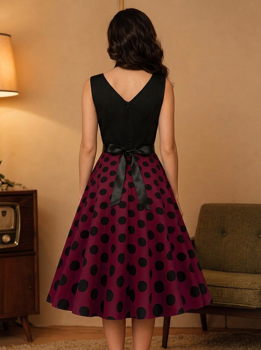 New A-Line Scalloped Polka Dot Vintage Black Burgundy Midi Homecoming Dress