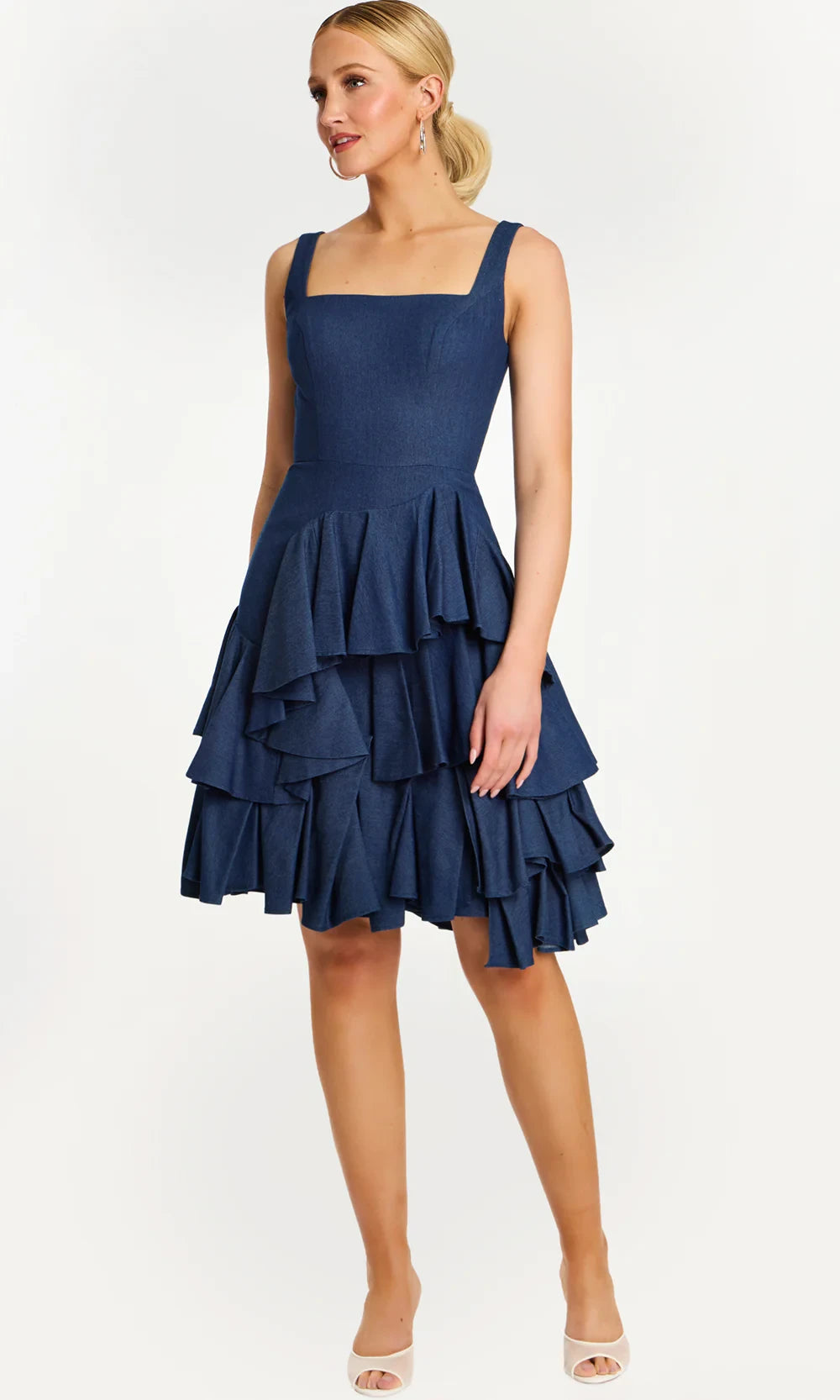 New A-Line Square Neck Tiered Ruffle Flirty Blue Knee-Length Homecoming Dress