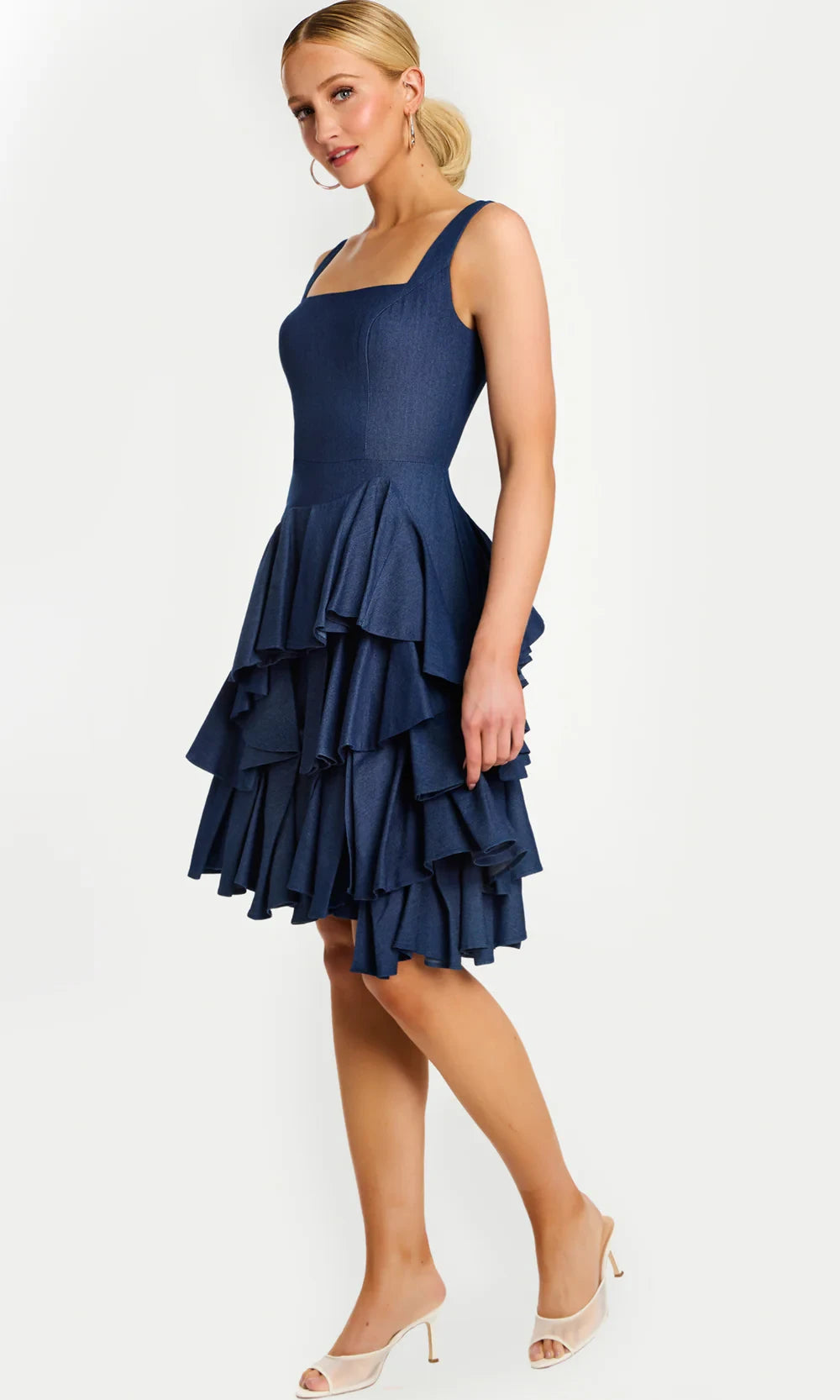 New A-Line Square Neck Tiered Ruffle Flirty Blue Knee-Length Homecoming Dress