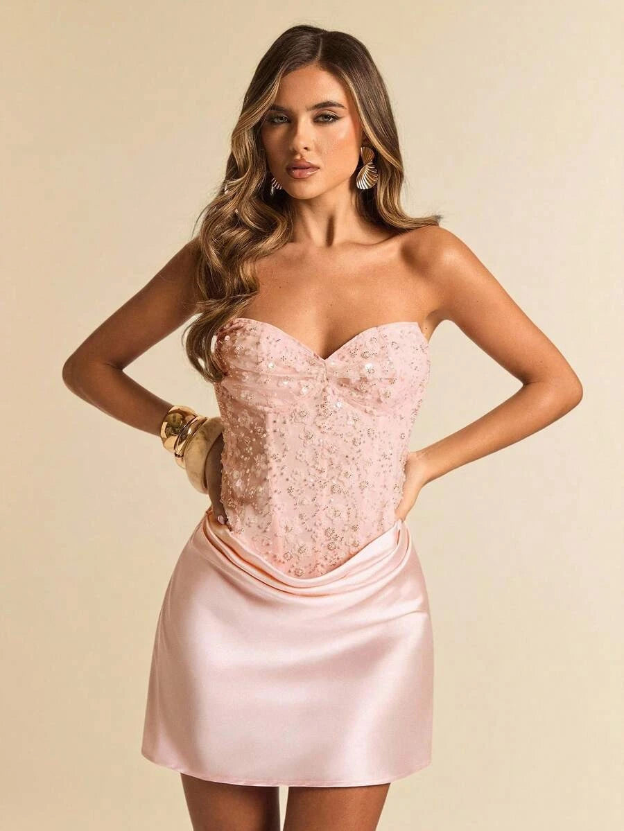 New A-Line Strapless Corset Beaded Sequin Satin Pink Mini Homecoming Dresses