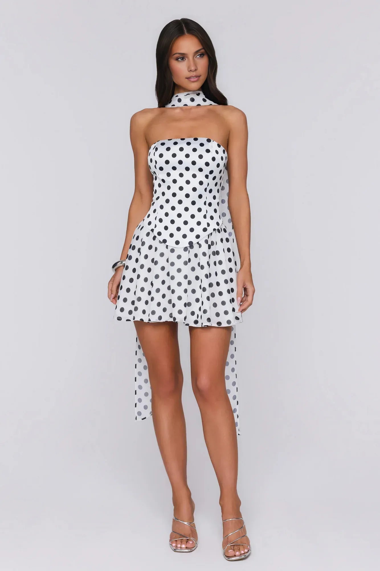 New A-Line Strapless Polka Dot Satin White Short Homecoming Dress With Scarf