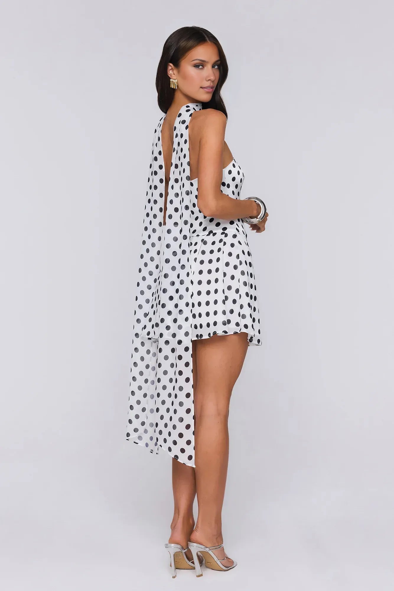 New A-Line Strapless Polka Dot Satin White Short Homecoming Dress With Scarf