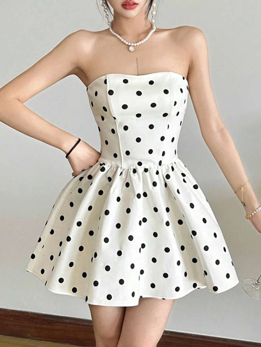 New A-Line Strapless Ruffled Flared Hem Polka Dot White Mini Homecoming Dress