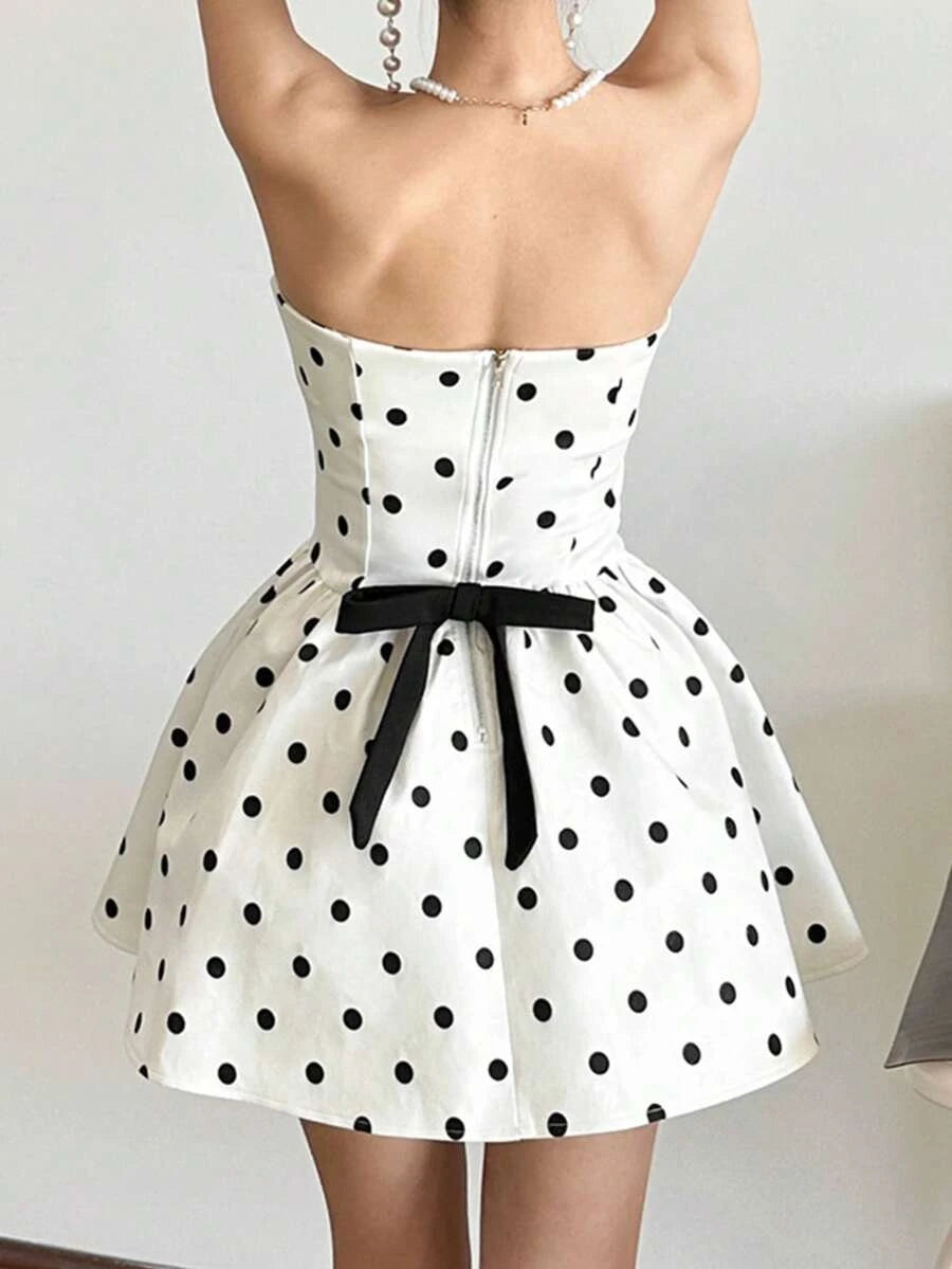 New A-Line Strapless Ruffled Flared Hem Polka Dot White Mini Homecoming Dress