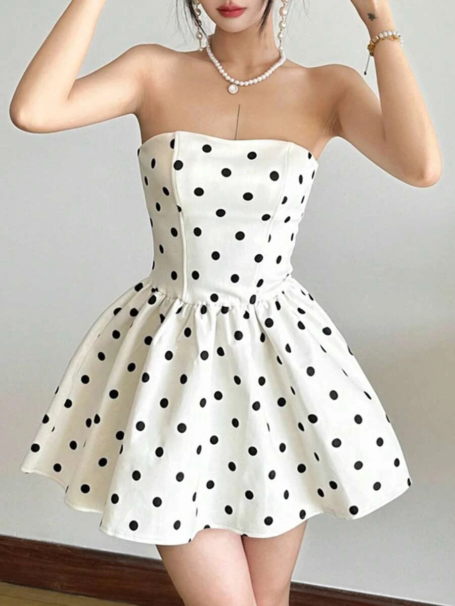 New A-Line Strapless Ruffled Flared Hem Polka Dot White Mini Homecoming Dress