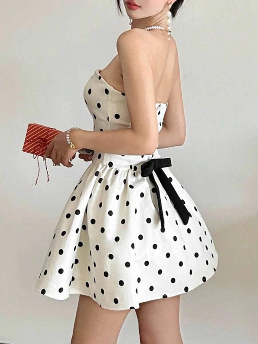 New A-Line Strapless Ruffled Flared Hem Polka Dot White Mini Homecoming Dress