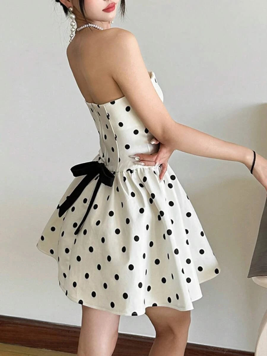 New A-Line Strapless Ruffled Flared Hem Polka Dot White Mini Homecoming Dress