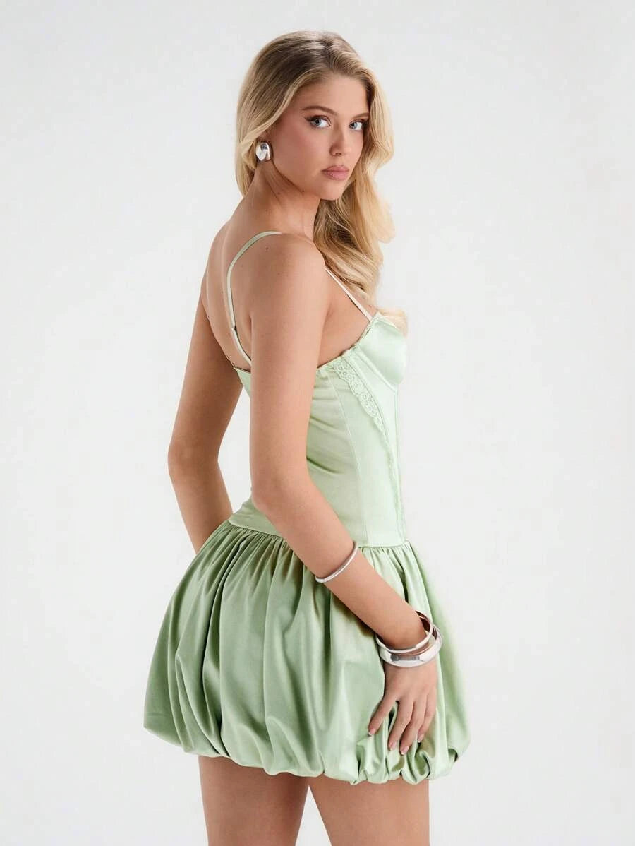 New A-Line Sweetheart Corset Bubble Hem Lace Trim Sage Green Short Homecoming Dresses