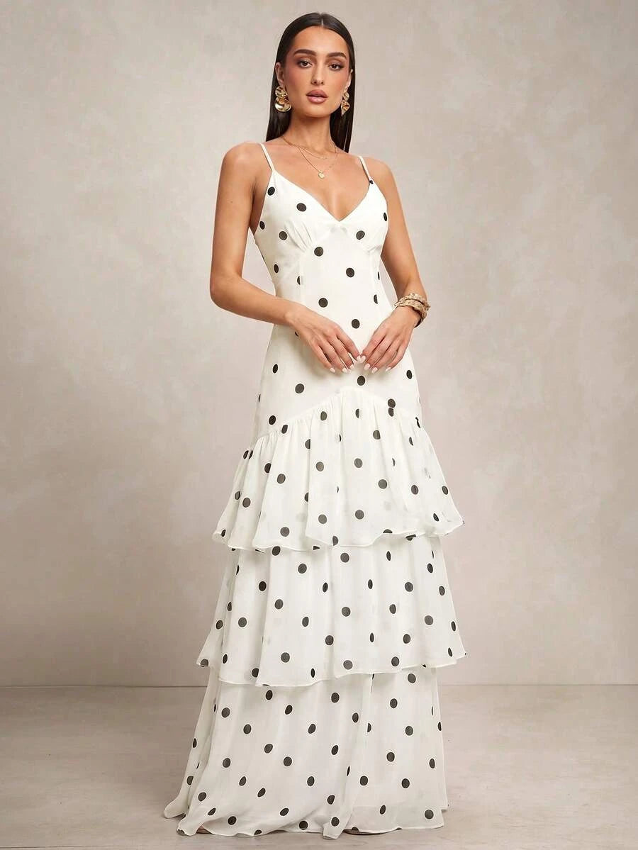New A-Line V-Neck Tiered Ruffle Polka Dot White Floor-Length Prom Dress