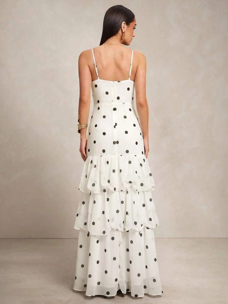 New A-Line V-Neck Tiered Ruffle Polka Dot White Floor-Length Prom Dress