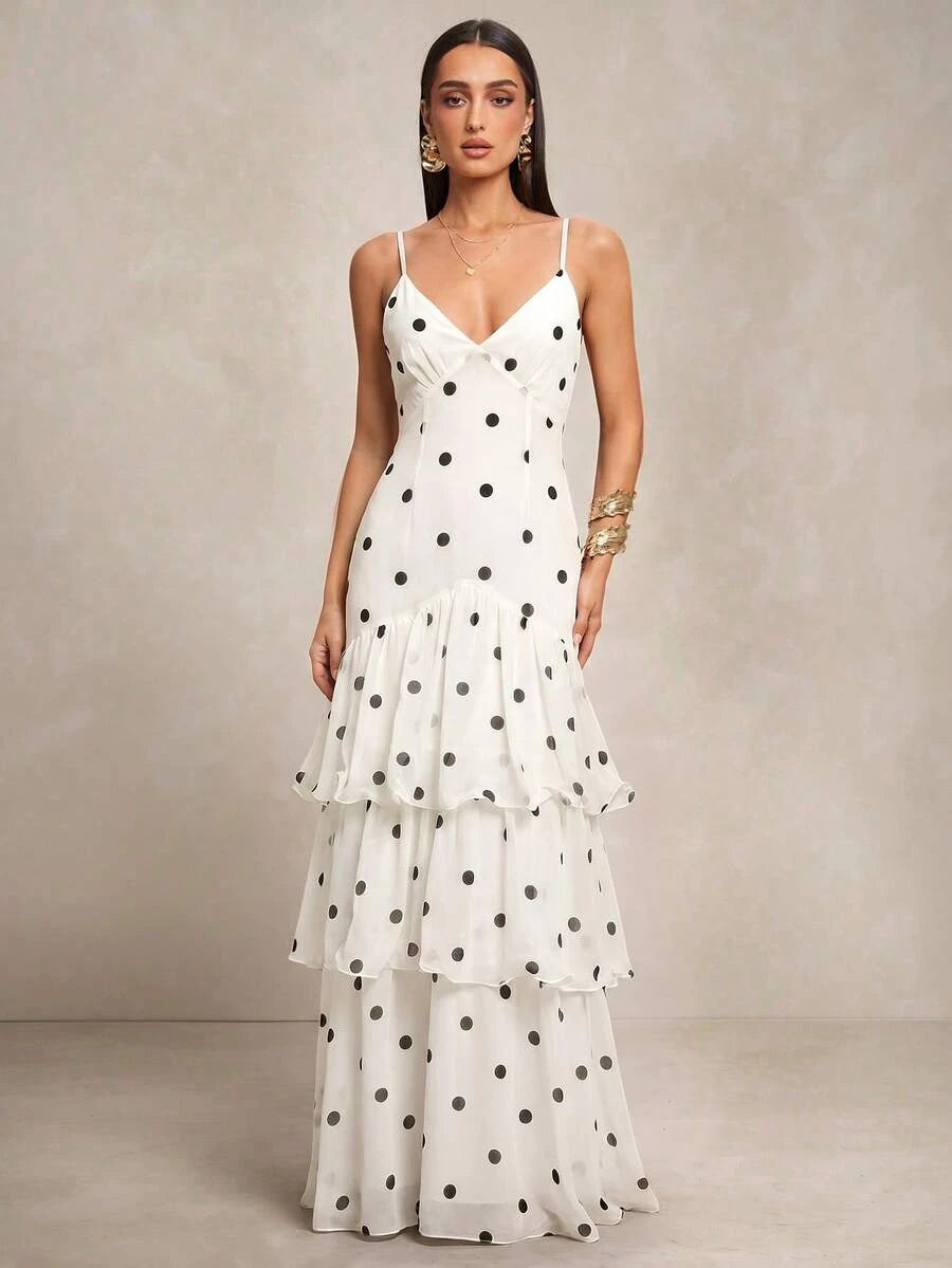 New A-Line V-Neck Tiered Ruffle Polka Dot White Floor-Length Prom Dress