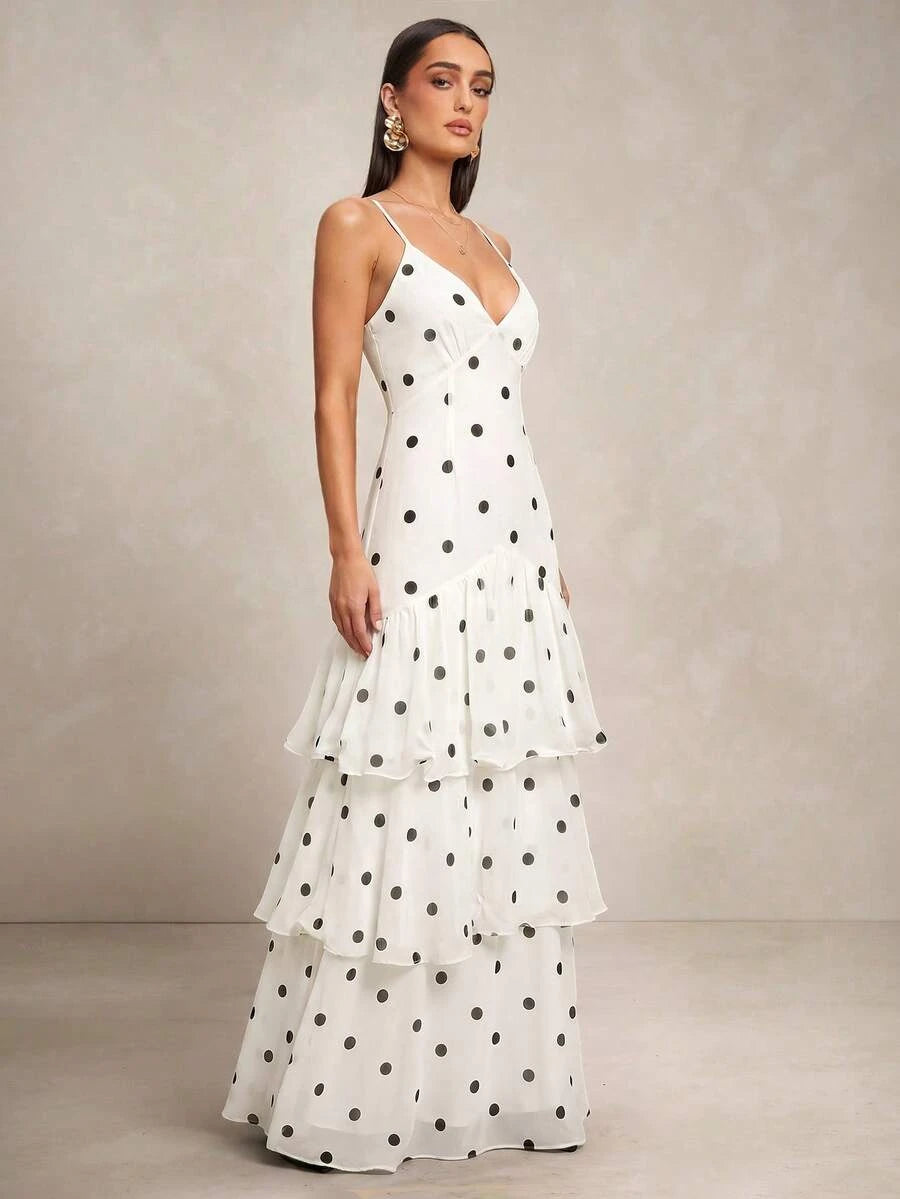 New A-Line V-Neck Tiered Ruffle Polka Dot White Floor-Length Prom Dress