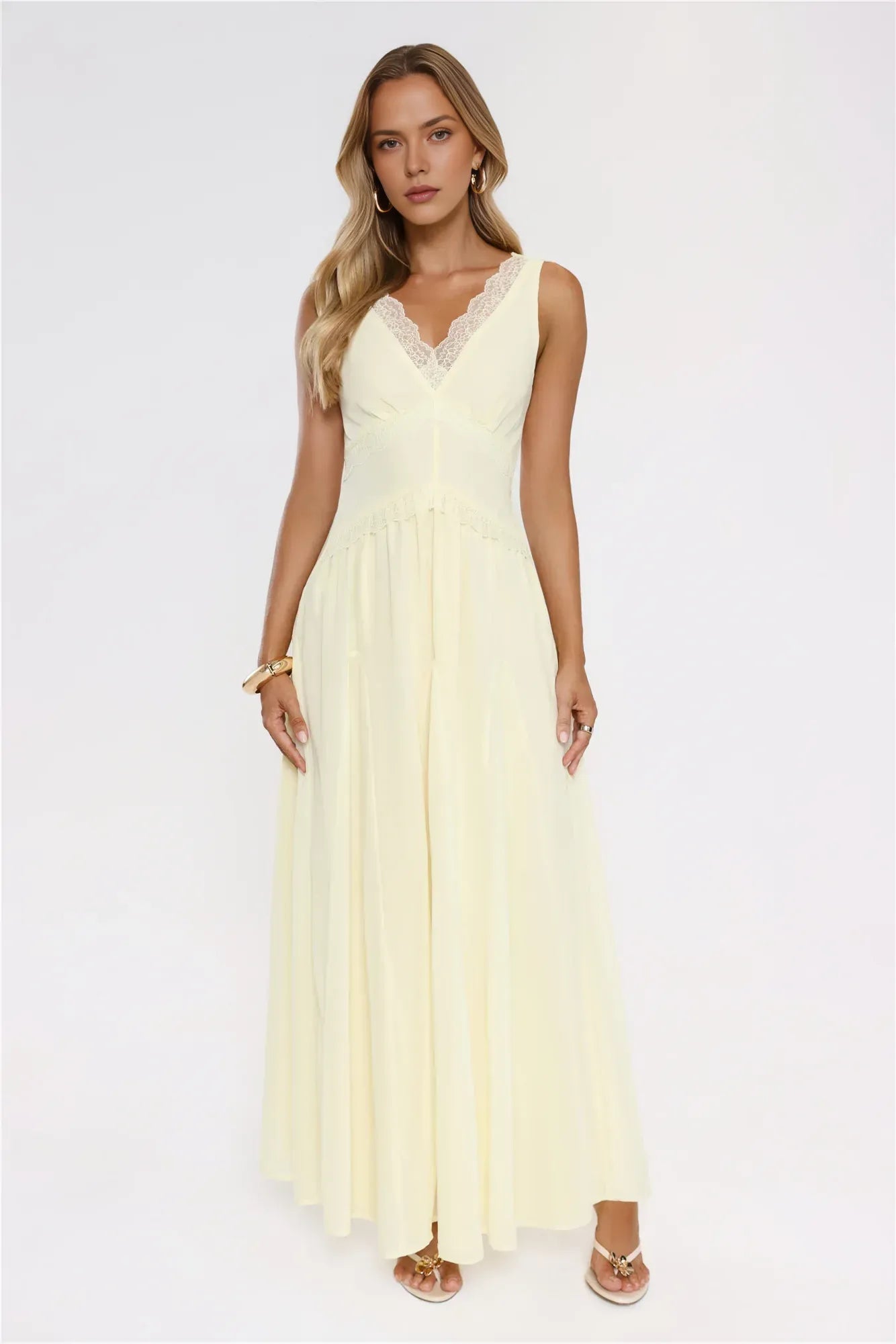 New Casual A-Line V-Neck Lace Trim Backless Pale Yellow Floor-Length Prom Dress