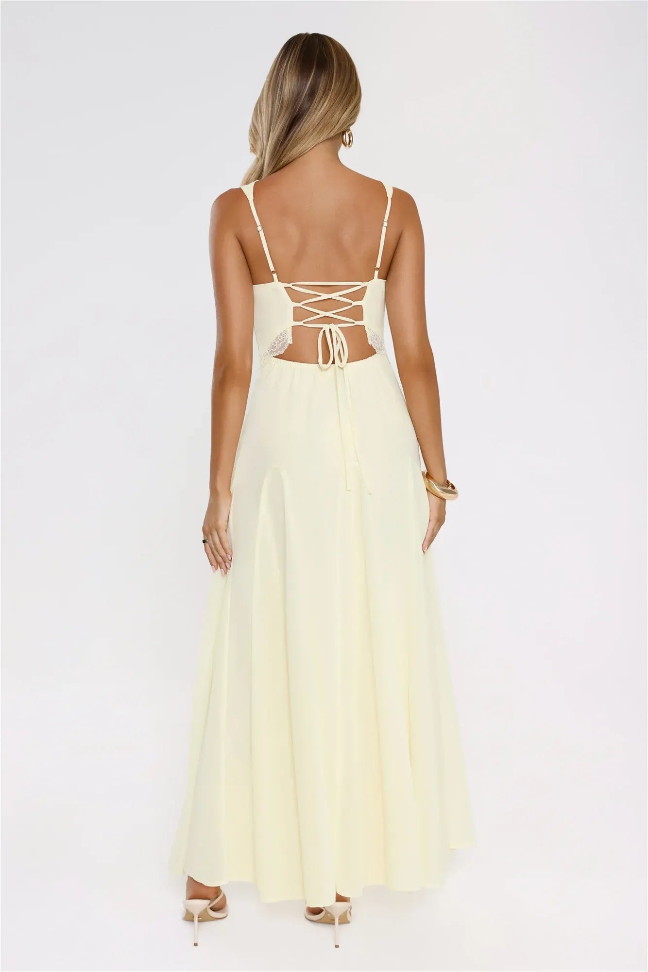 New Casual A-Line V-Neck Lace Trim Backless Pale Yellow Floor-Length Prom Dress