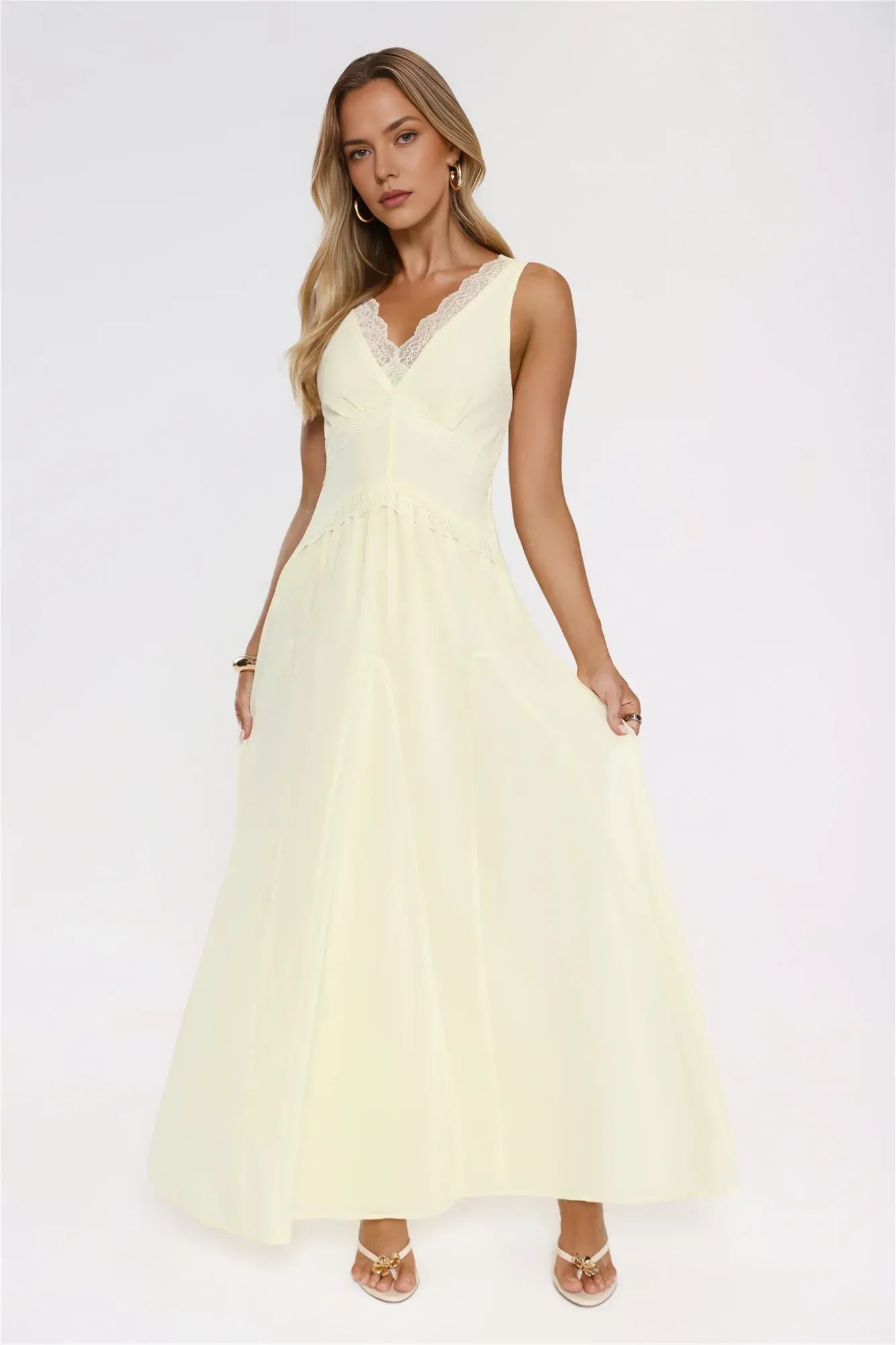 New Casual A-Line V-Neck Lace Trim Backless Pale Yellow Floor-Length Prom Dress