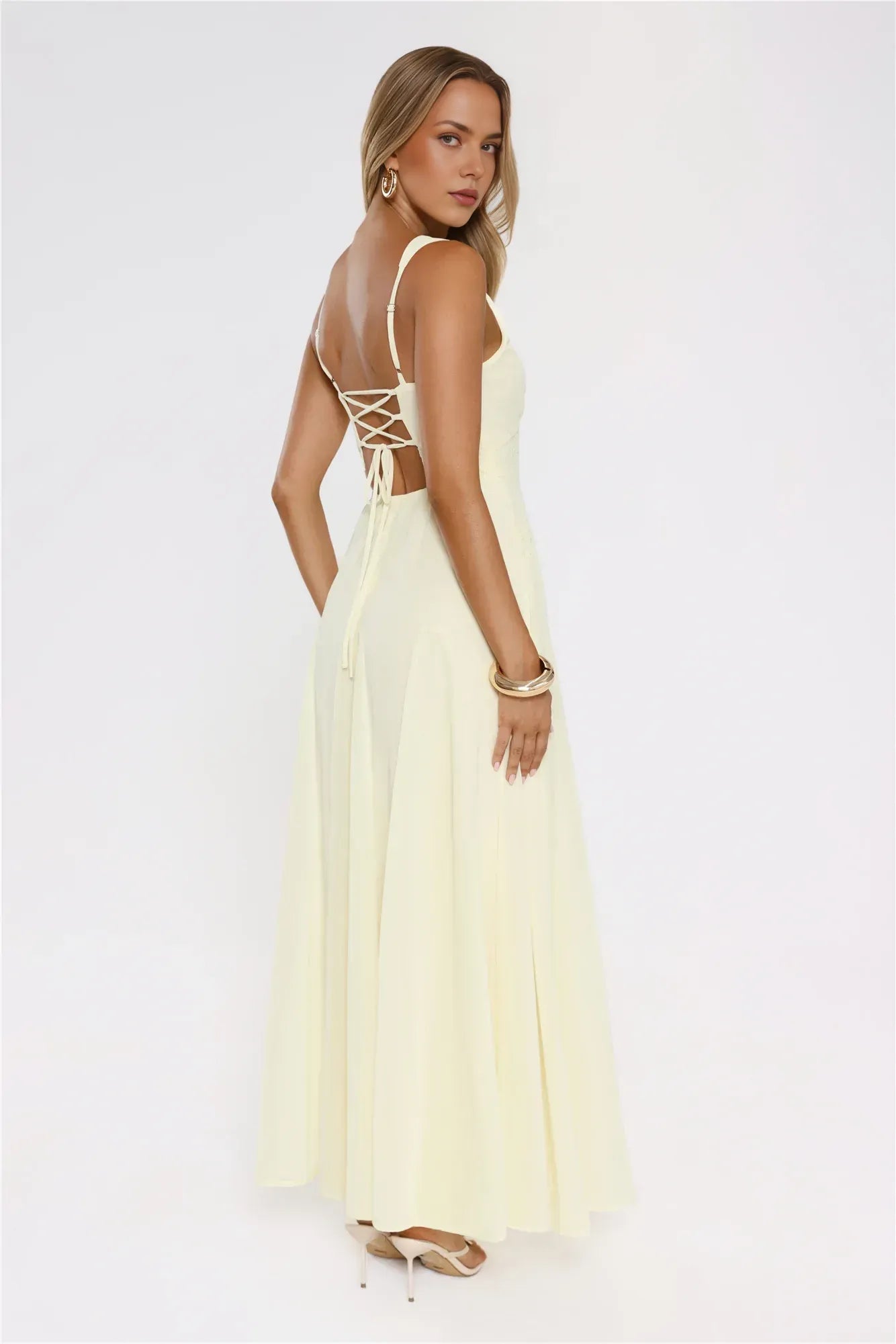 New Casual A-Line V-Neck Lace Trim Backless Pale Yellow Floor-Length Prom Dress