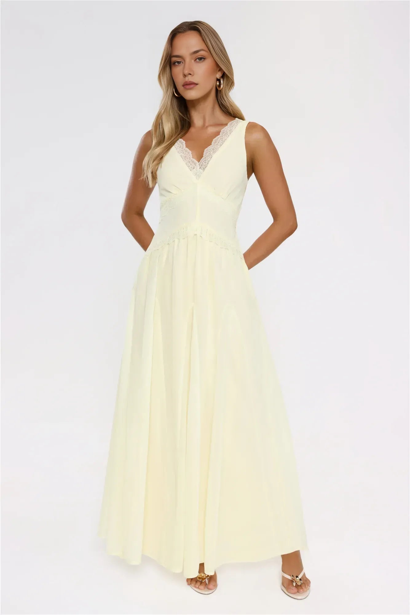 New Casual A-Line V-Neck Lace Trim Backless Pale Yellow Floor-Length Prom Dress