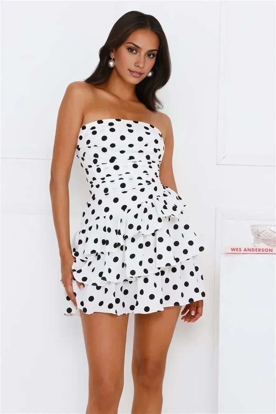 New Chic A-Line Strapless Ruffled Polka Dot White Short Homecoming Dress