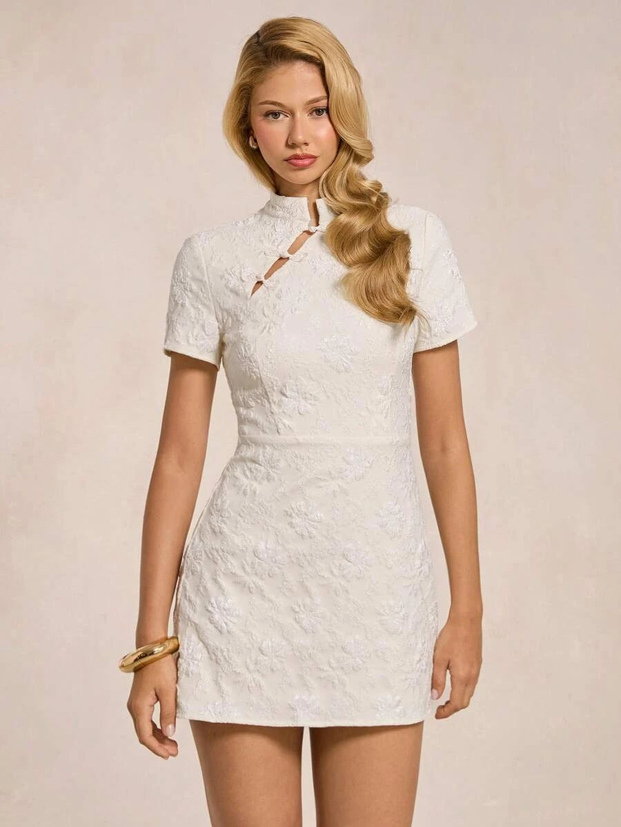 New Chinese Sheath High Neck Collar Short Sleeve Floral Jacquard White Mini Homecoming Dress