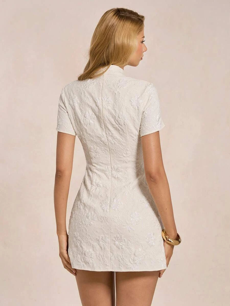 New Chinese Sheath High Neck Collar Short Sleeve Floral Jacquard White Mini Homecoming Dress