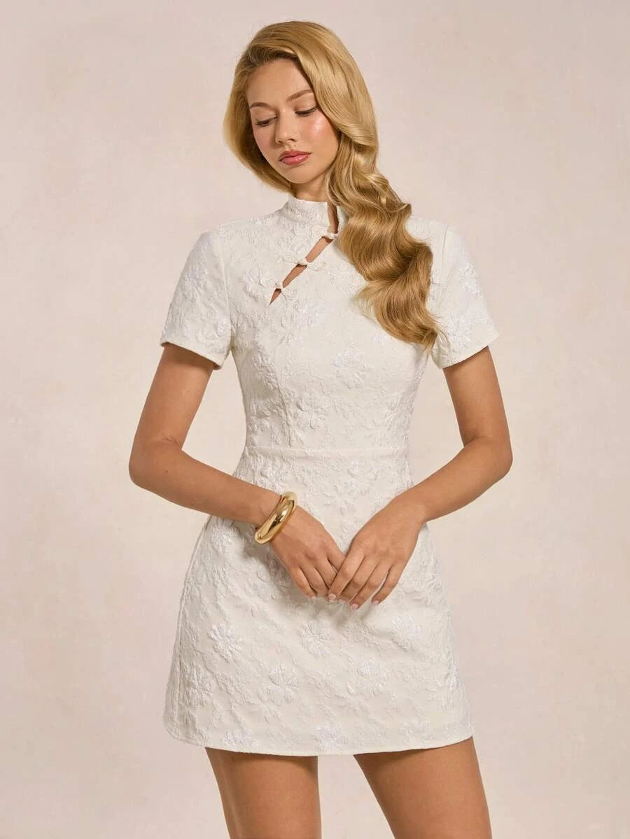 New Chinese Sheath High Neck Collar Short Sleeve Floral Jacquard White Mini Homecoming Dress