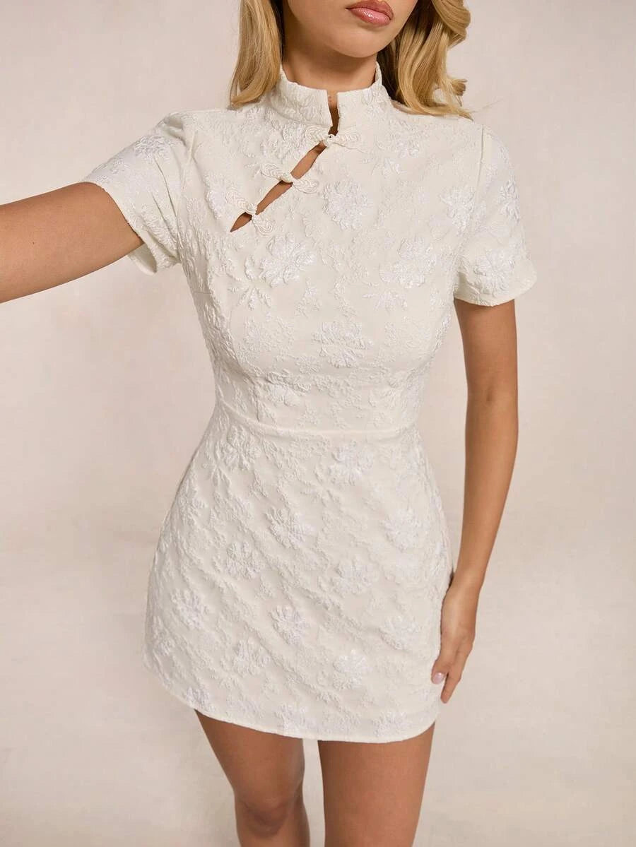 New Chinese Sheath High Neck Collar Short Sleeve Floral Jacquard White Mini Homecoming Dress