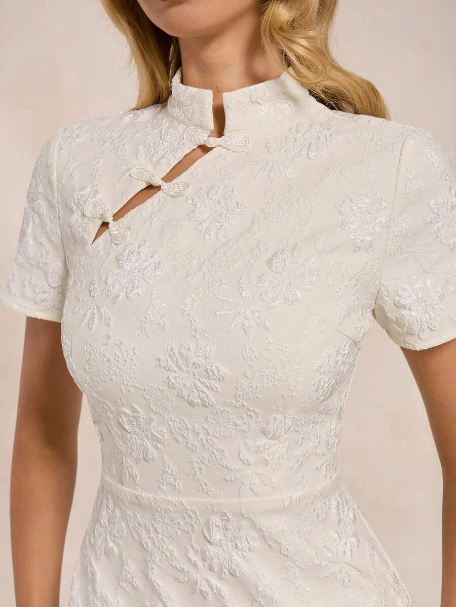 New Chinese Sheath High Neck Collar Short Sleeve Floral Jacquard White Mini Homecoming Dress