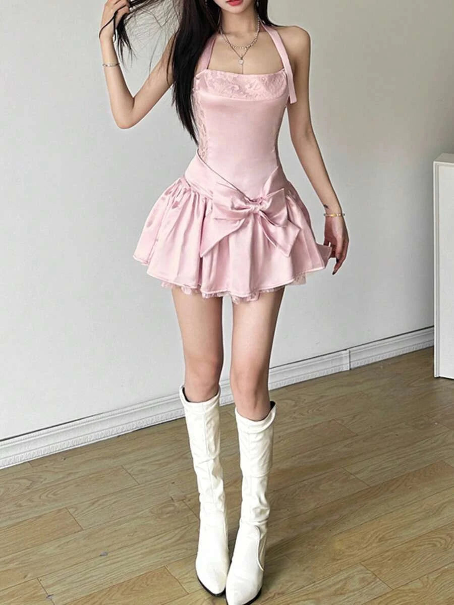New Lovely A-Line Halter Bowknot Lace Satin Pink Mini Homecoming Dresses