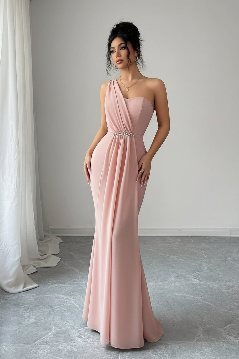 New Mermaid One-Shoulder Ruched Embellished Blush Pink Floor-Length Prom Dress