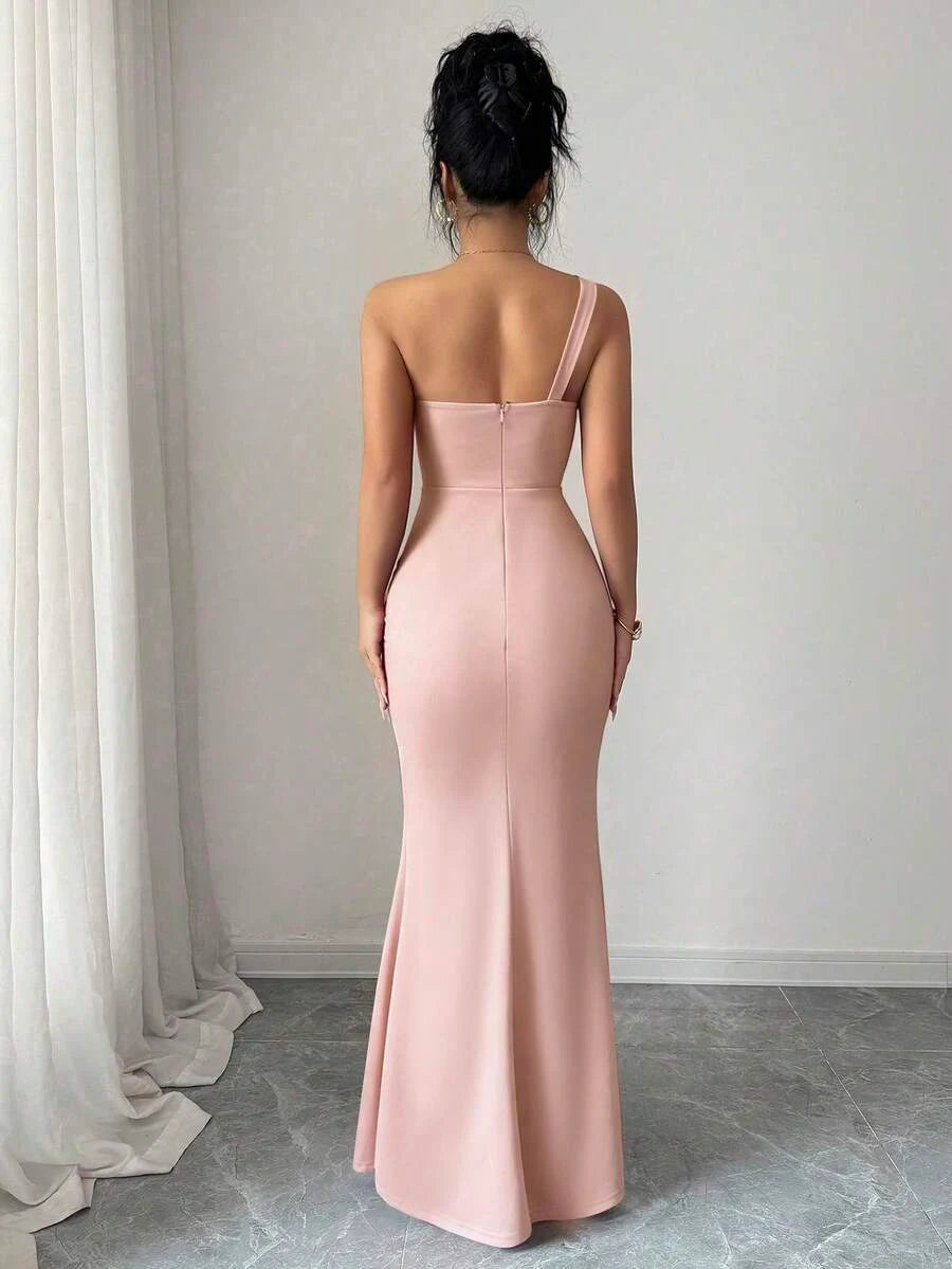 New Mermaid One-Shoulder Ruched Embellished Blush Pink Floor-Length Prom Dress