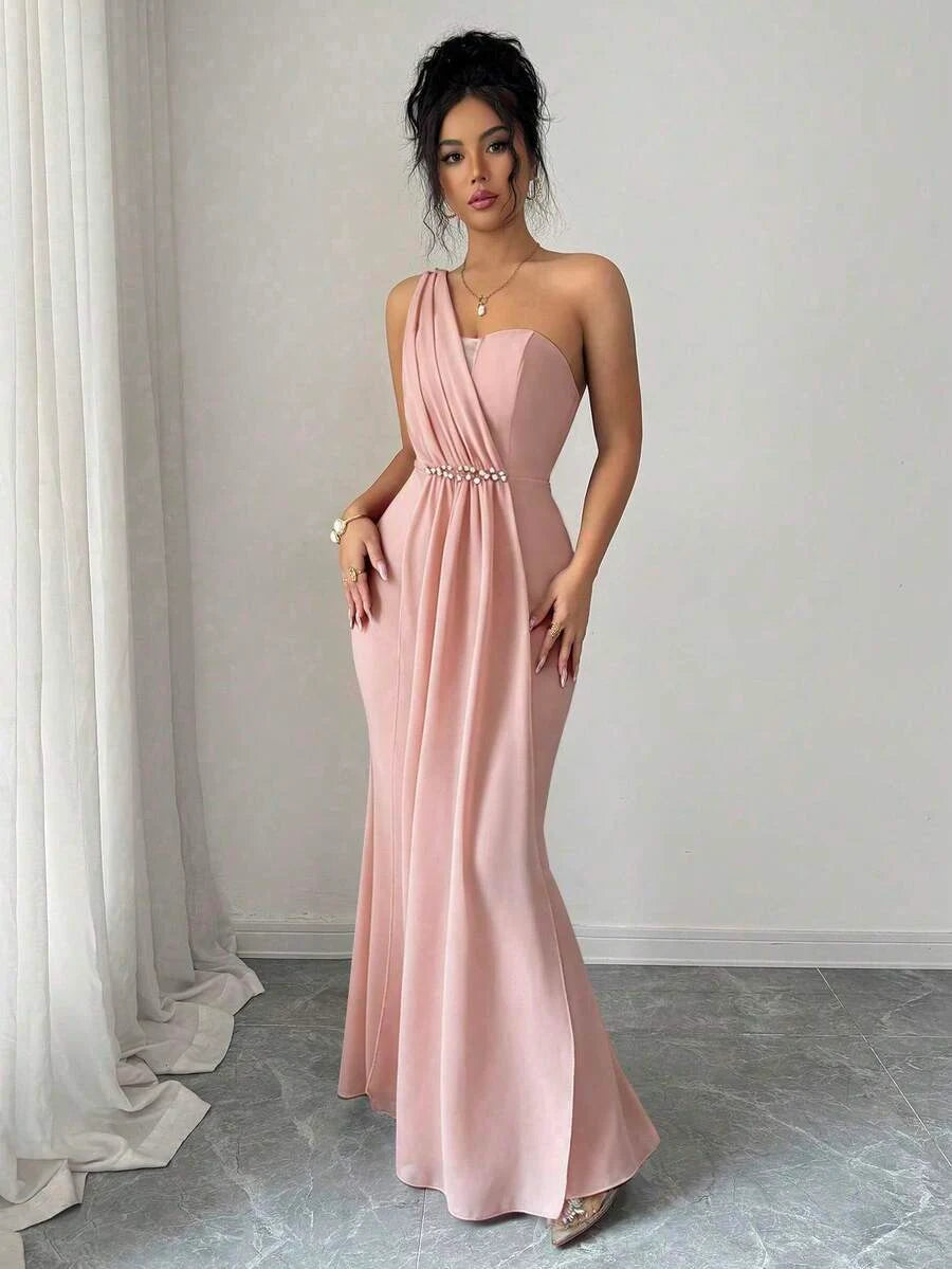 New Mermaid One-Shoulder Ruched Embellished Blush Pink Floor-Length Prom Dress