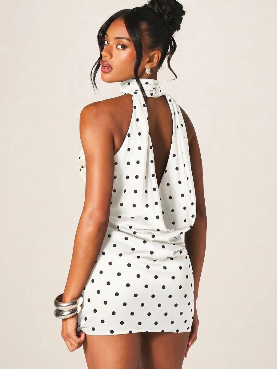 New Sheath Halter Neck Backless Open Back Polka Dot Satin White Mini Homecoming Dress