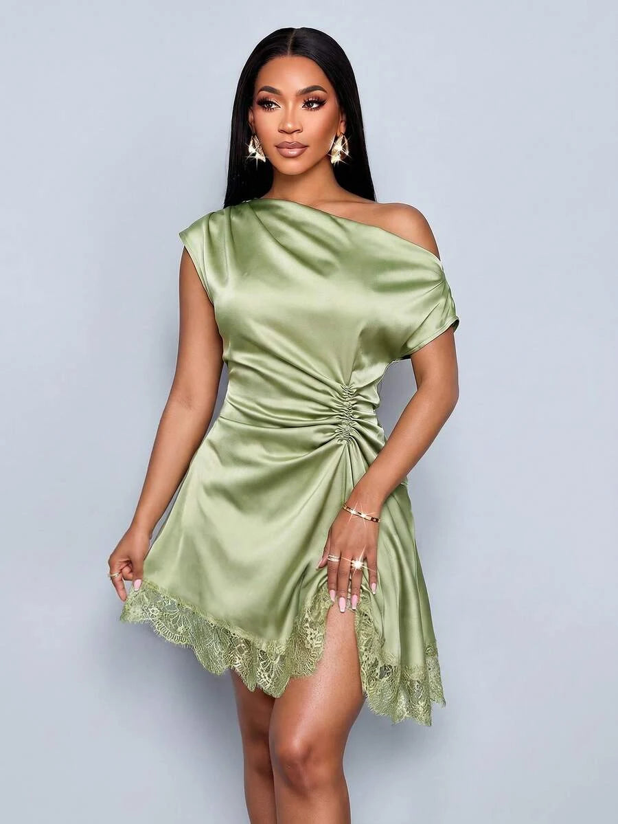 New Sheath One-Shoulder Ruched Lace Trim Satin Sage Green Mini Homecoming Dress