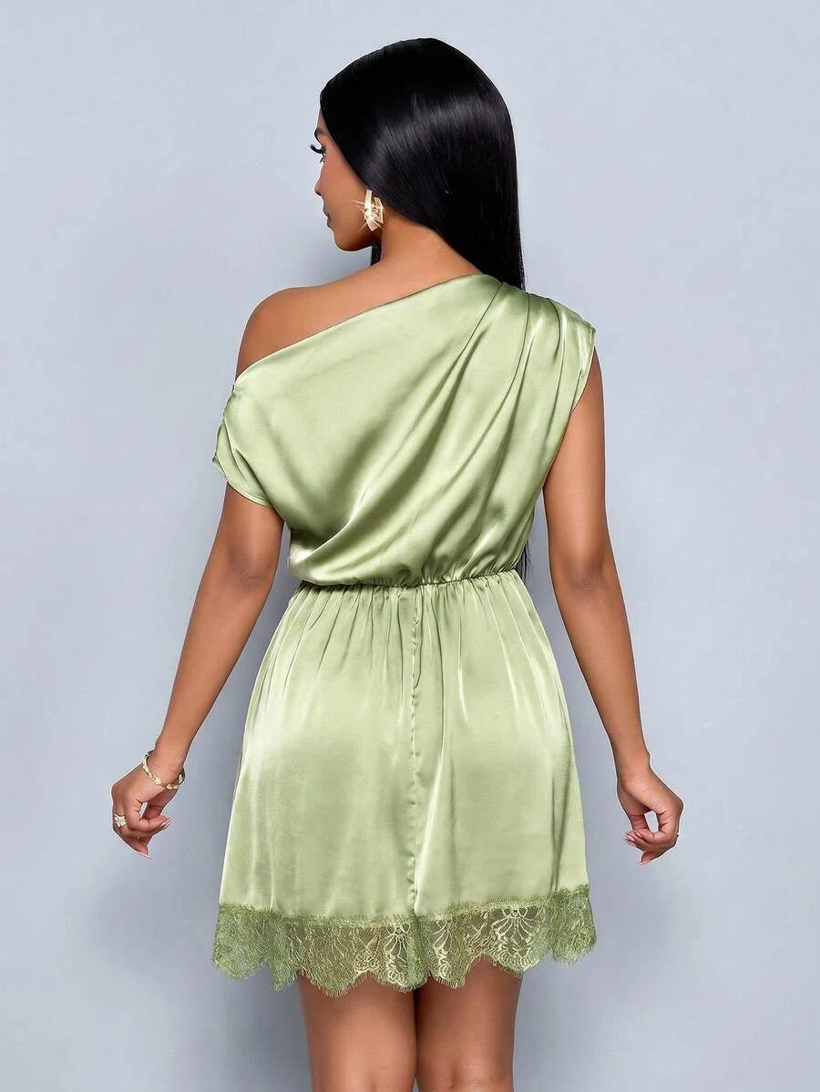 New Sheath One-Shoulder Ruched Lace Trim Satin Sage Green Mini Homecoming Dress