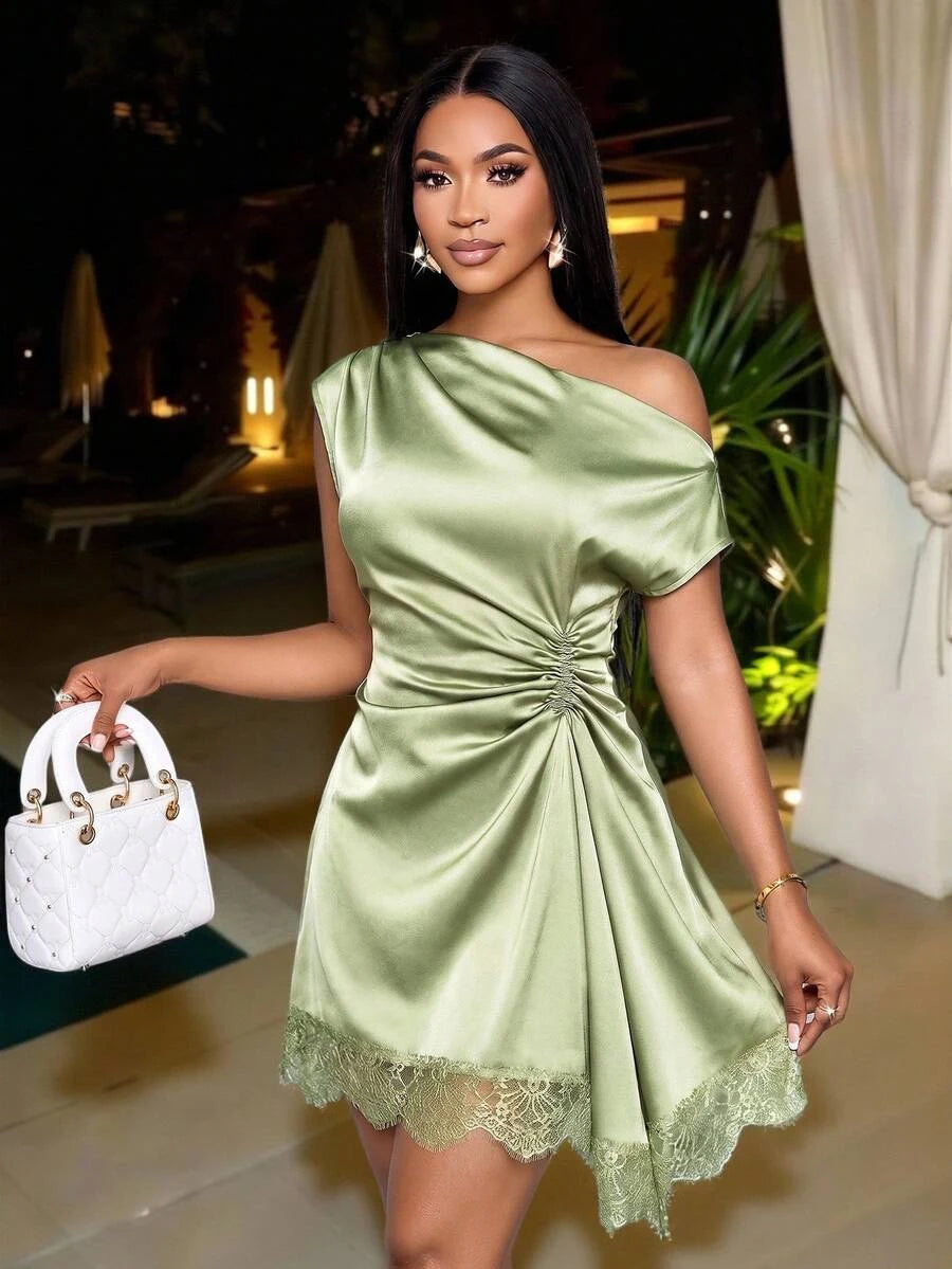 New Sheath One-Shoulder Ruched Lace Trim Satin Sage Green Mini Homecoming Dress