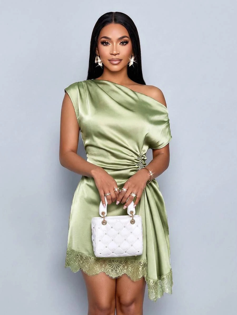 New Sheath One-Shoulder Ruched Lace Trim Satin Sage Green Mini Homecoming Dress