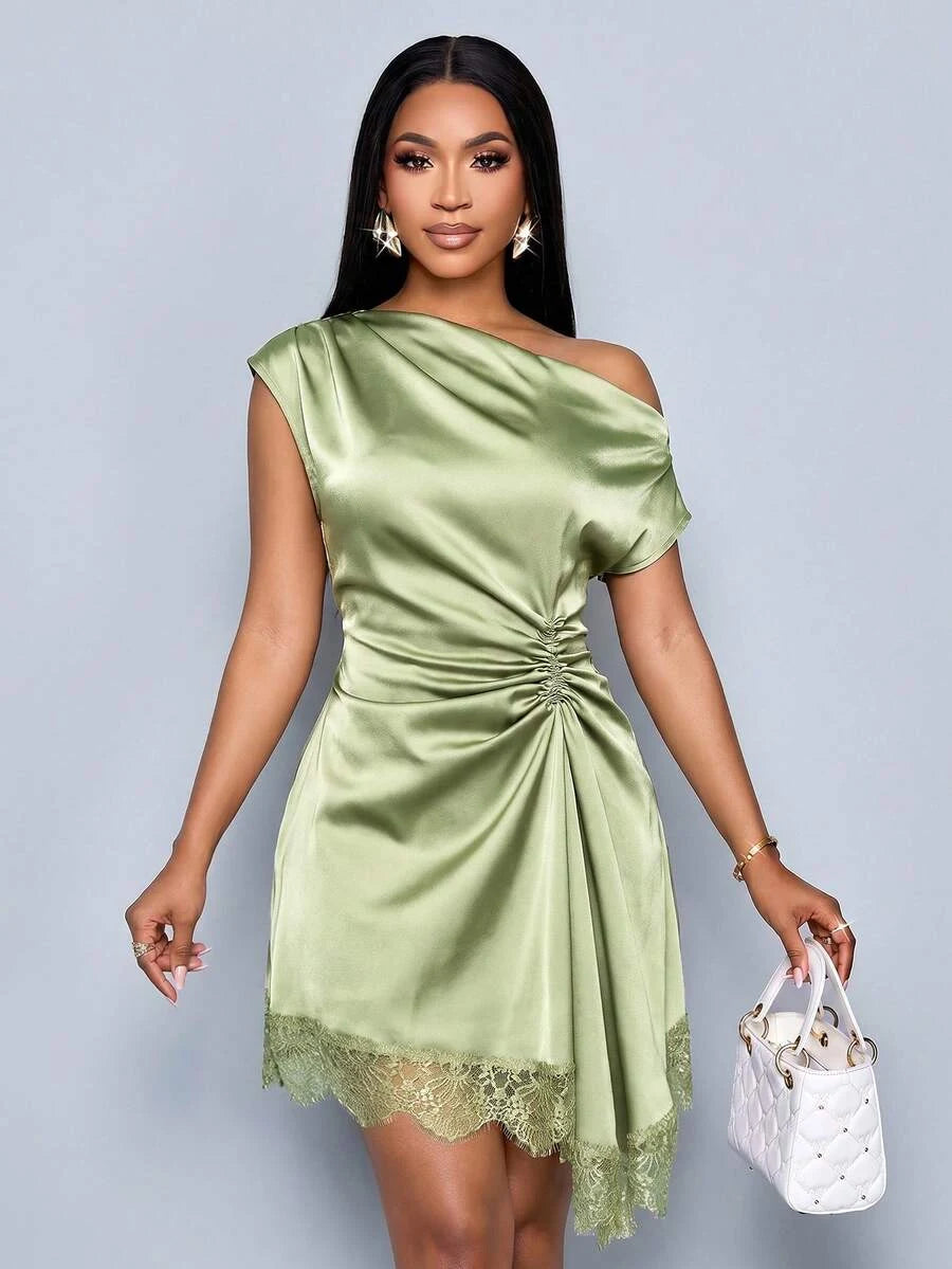 New Sheath One-Shoulder Ruched Lace Trim Satin Sage Green Mini Homecoming Dress