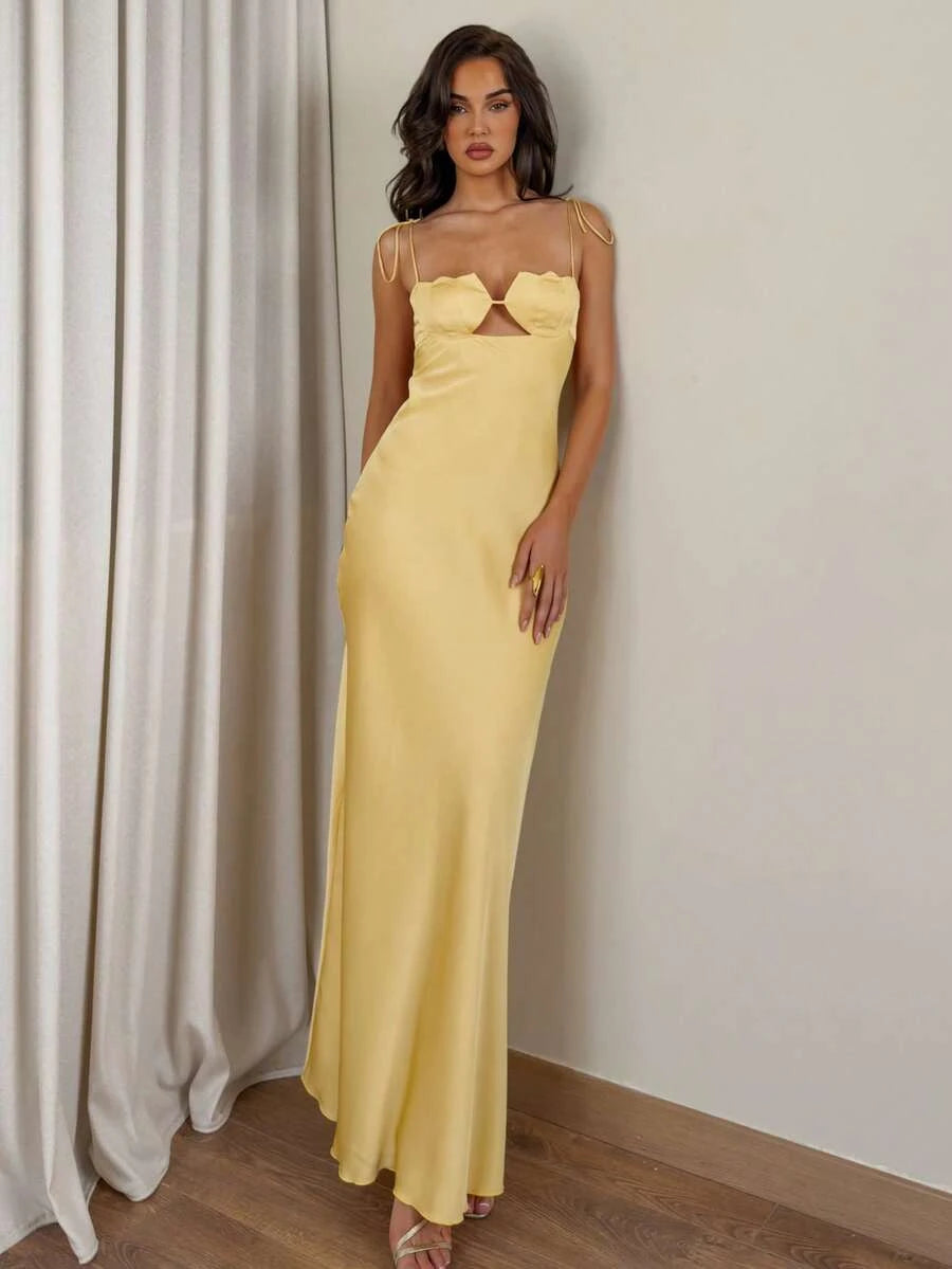 New Sheath Sweetheart Tie-Shoulder Cutout Satin Butter Yellow Floor-Length Prom Dress
