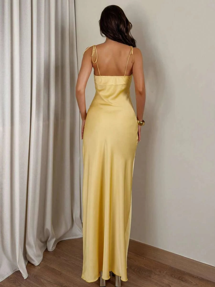 New Sheath Sweetheart Tie-Shoulder Cutout Satin Butter Yellow Floor-Length Prom Dress