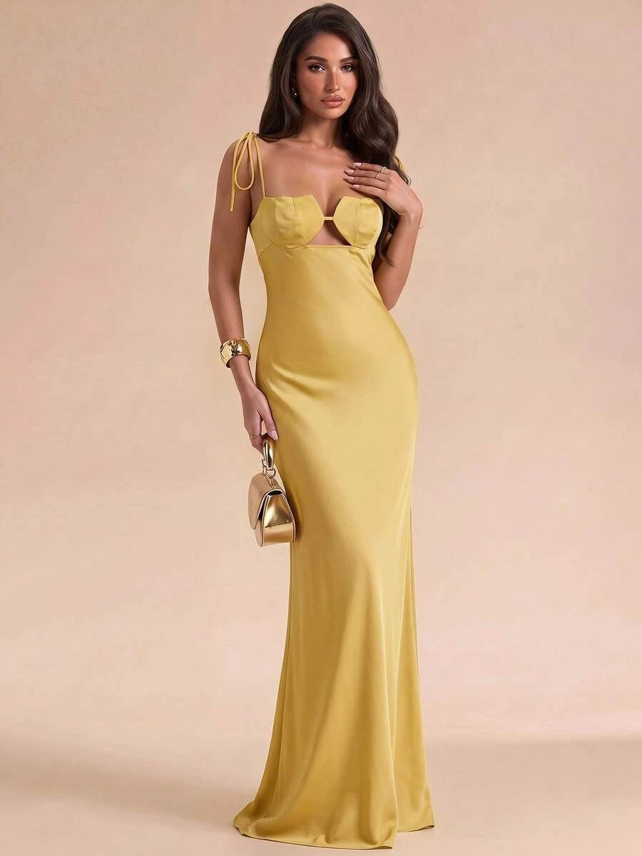 New Sheath Sweetheart Tie-Shoulder Cutout Satin Butter Yellow Floor-Length Prom Dress