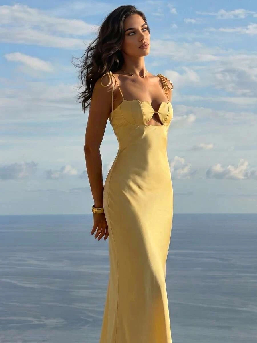 New Sheath Sweetheart Tie-Shoulder Cutout Satin Butter Yellow Floor-Length Prom Dress