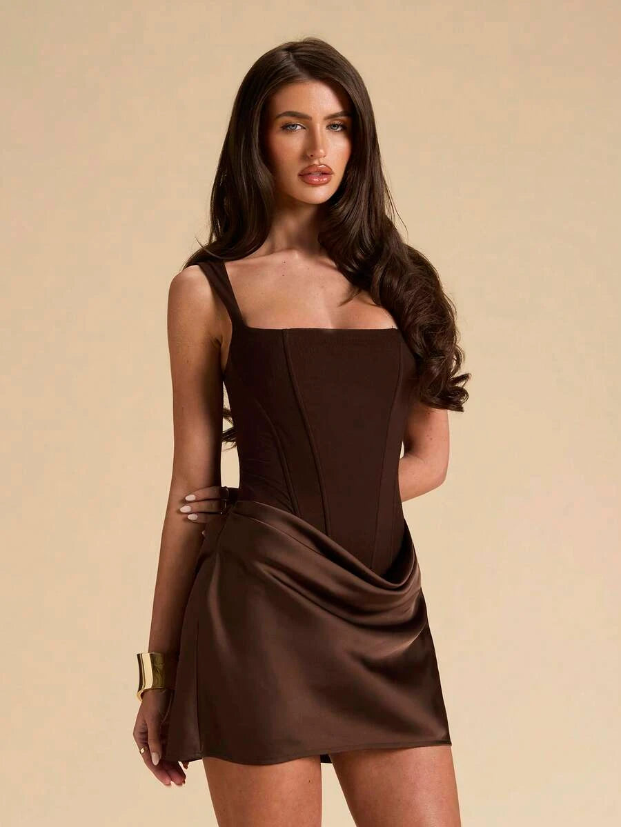 New Square Neck Corset Draped Chocolate Brown Mini Homecoming Dress