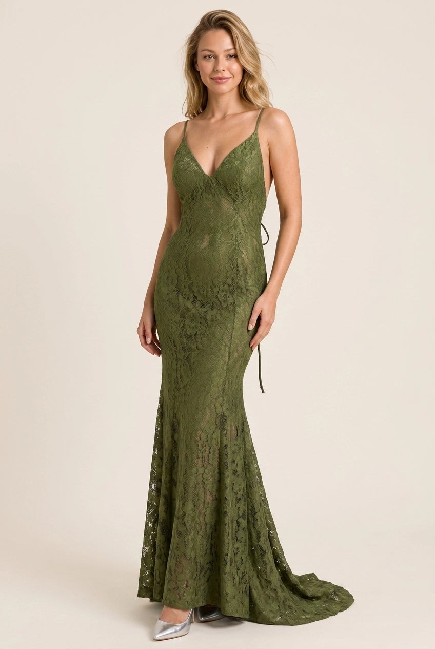 New Style Mermaid V-Neck Backless Tie Lace Olive Green Floor-Length Prom Dress