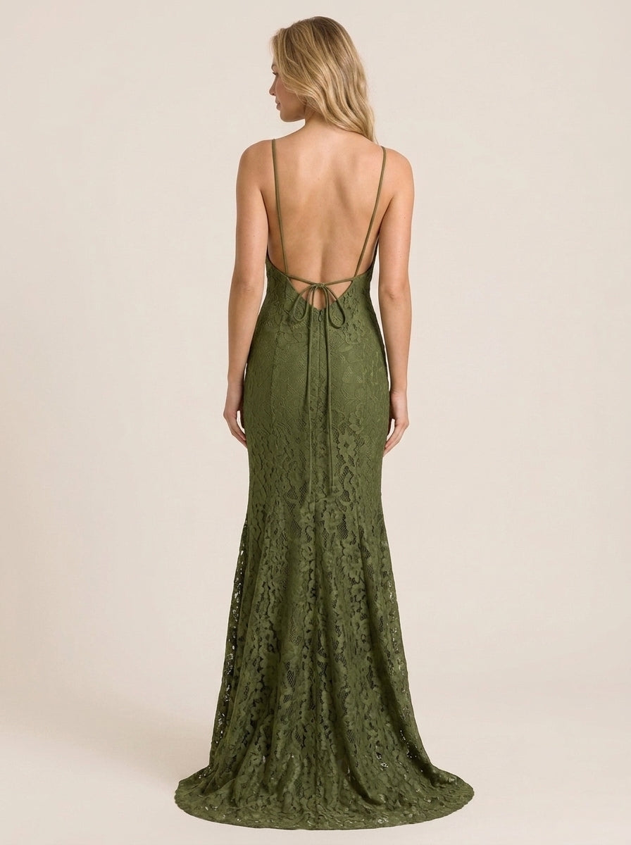 New Style Mermaid V-Neck Backless Tie Lace Olive Green Floor-Length Prom Dress